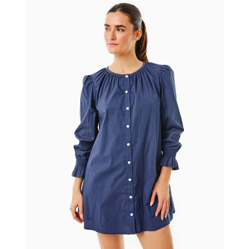 Addison Bay Womens Navy Blue Cotton Poplin Button Down Mini Dress Smocked Cuff M